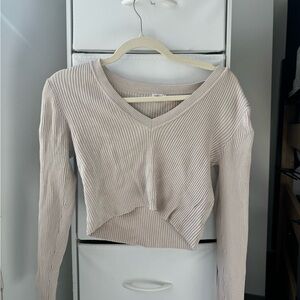 Garage Beige Ribbed V-Neck Cropped Sweater